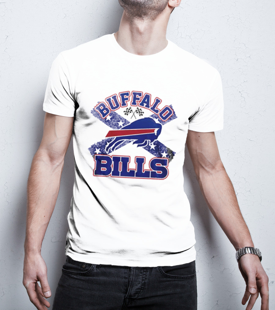 Buffalo Bills Caricature With Flag And Crossed Checkered Flags T-Shirt