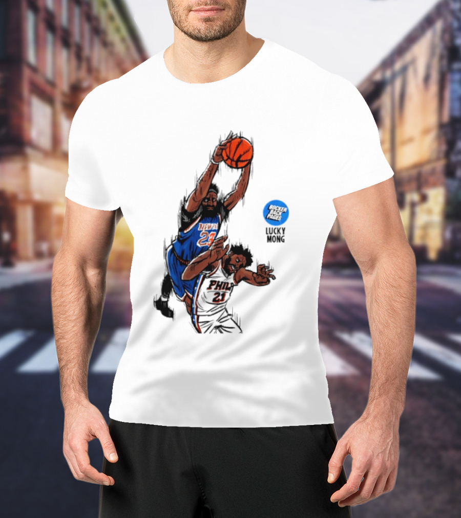 Knicks Vs 76ers Game 4 Iconic Moment Joel Embiid Mitchell Robinson NBA Matchup T-Shirt