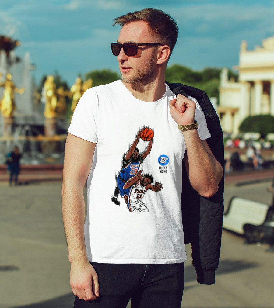 Knicks Vs 76ers Game 4 Iconic Moment Joel Embiid Mitchell Robinson NBA Matchup T-Shirt