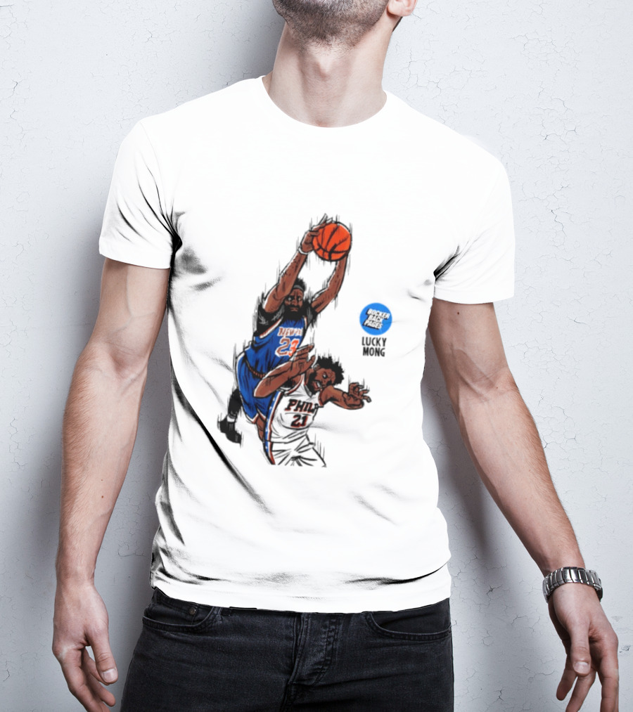 Knicks Vs 76ers Game 4 Iconic Moment Joel Embiid Mitchell Robinson NBA Matchup T-Shirt