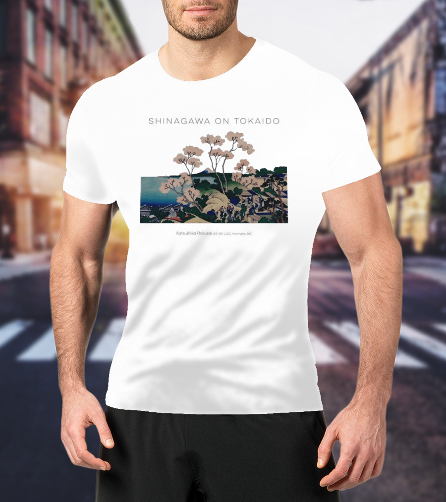 Shinagawa On Tokaido Katsushika Hokusai Cherry Blossoms And Travelers In Edo Period Japan T-Shirt