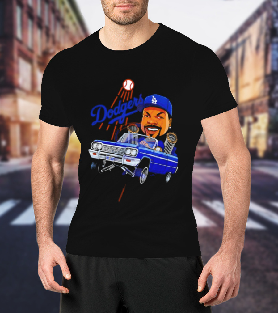 Ice Cube Cartoon Driving Lowrider Los Angeles Dodgers Baseball T-Shirt