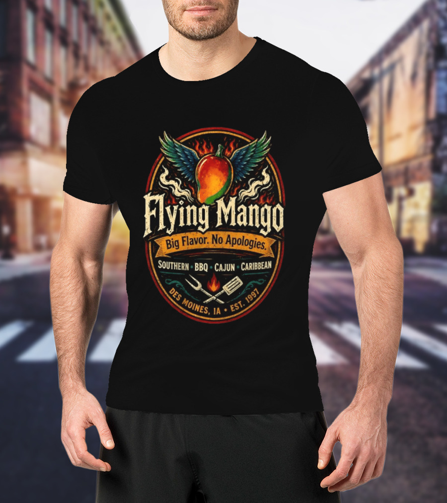 Flying Mango Southern BBQ Cajun Caribbean Des Moines IA Est 1997 T-Shirt