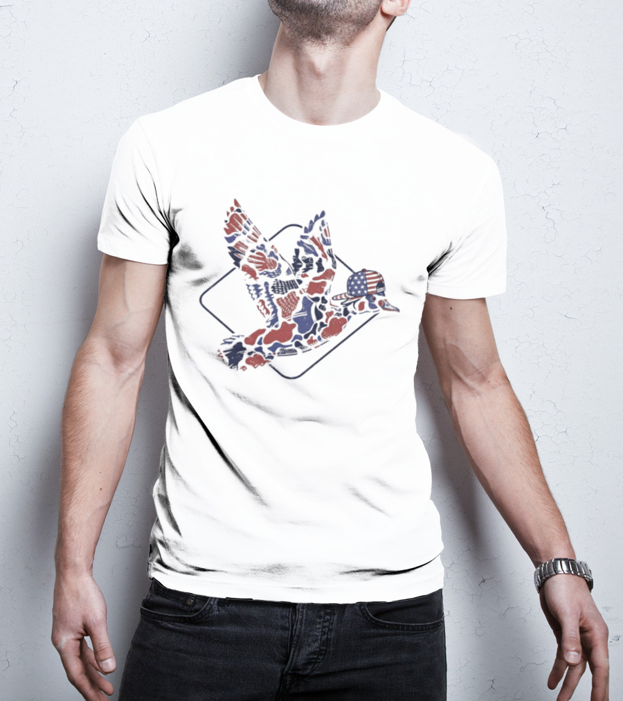 Camo Flying Mallard Duck USA American Flag Independence Day T-Shirt