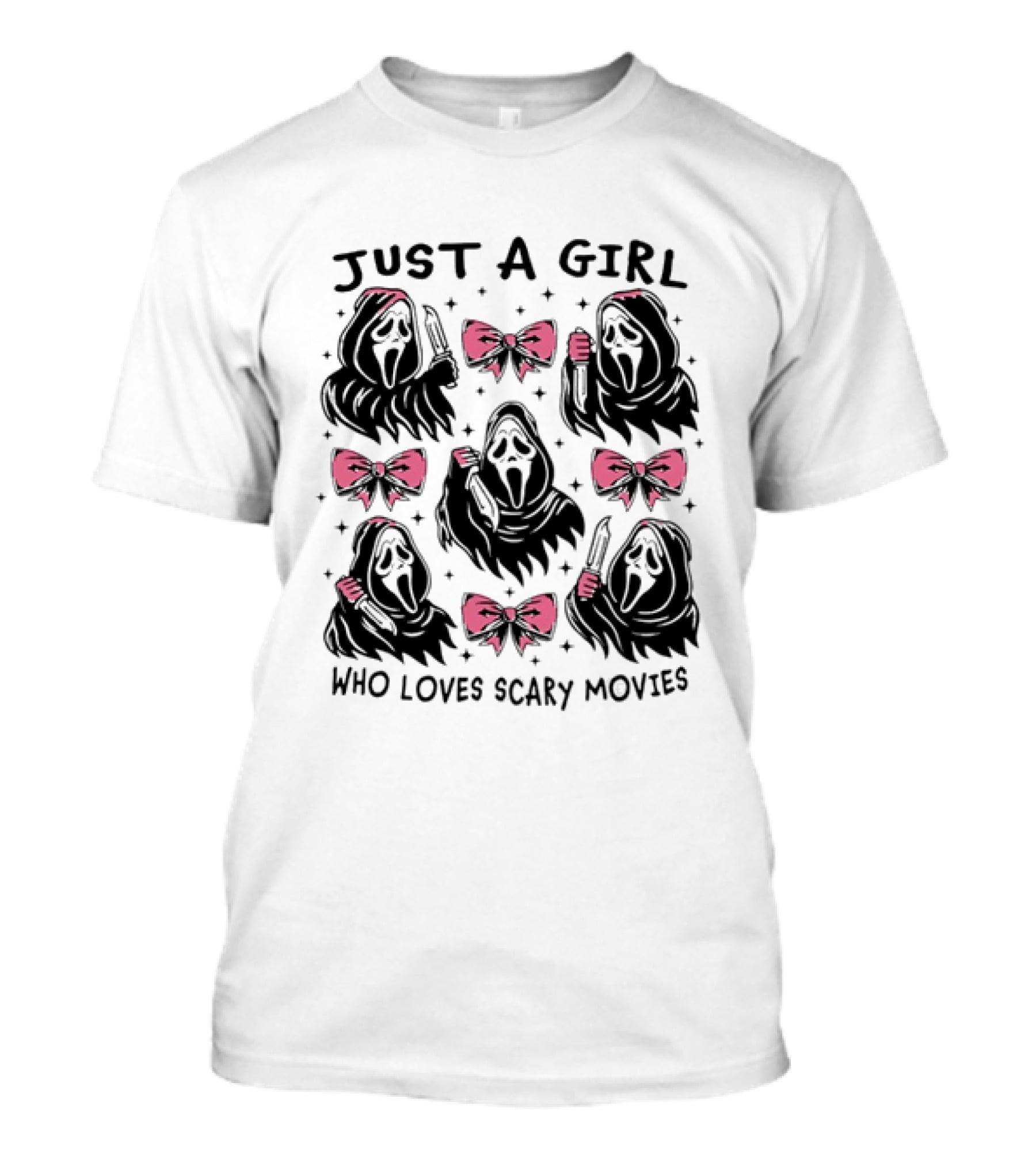 Just A Girl Who Loves Scary Movies Ghost Face Pink Bow T-Shirt