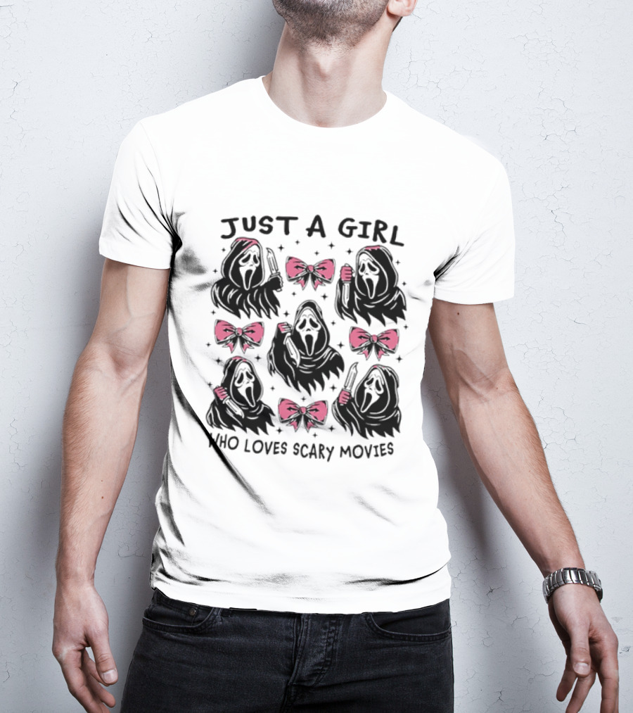 Just A Girl Who Loves Scary Movies Ghost Face Pink Bow T-Shirt