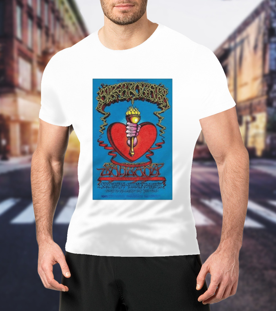 Big Brother The Holding Company Blue Background Red Heart And Torch Iconic Psychedelic T-Shirt