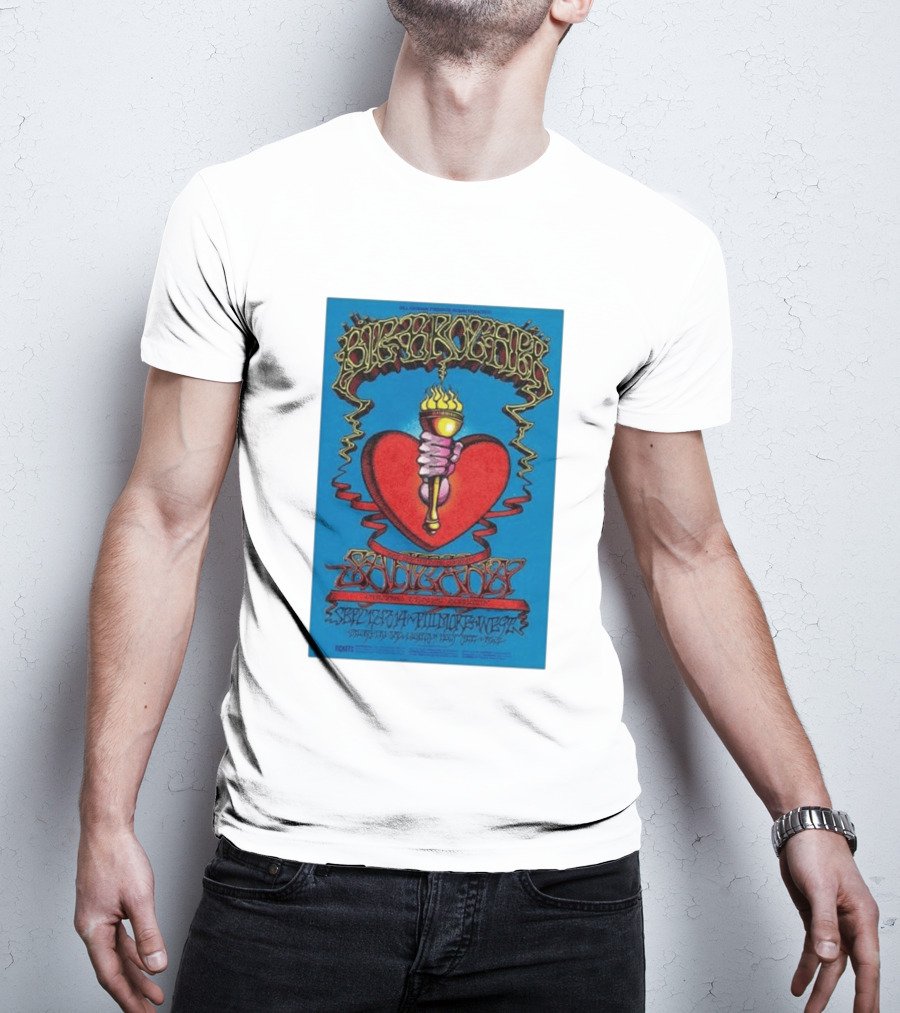 Big Brother The Holding Company Blue Background Red Heart And Torch Iconic Psychedelic T-Shirt