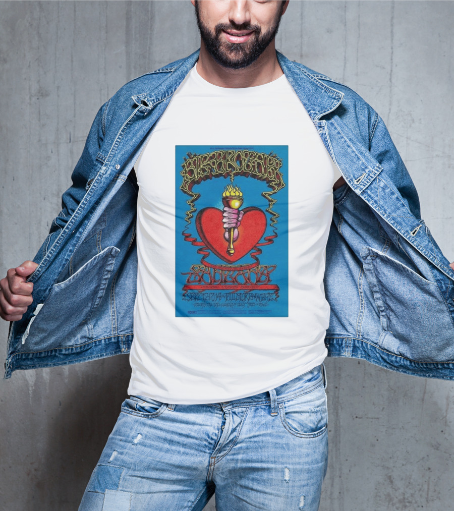 Big Brother The Holding Company Blue Background Red Heart And Torch Iconic Psychedelic T-Shirt