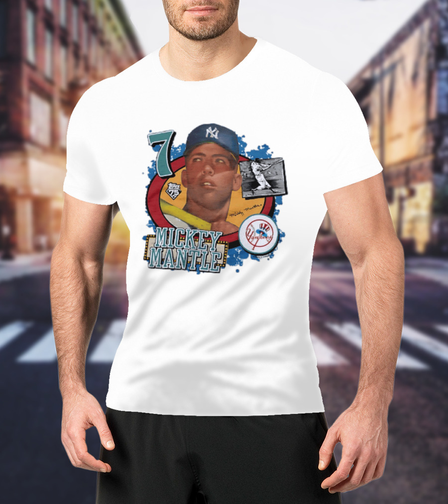 Mickey Mantle New York Yankees Topps 75 Number 7 Yankees Patch T-Shirt