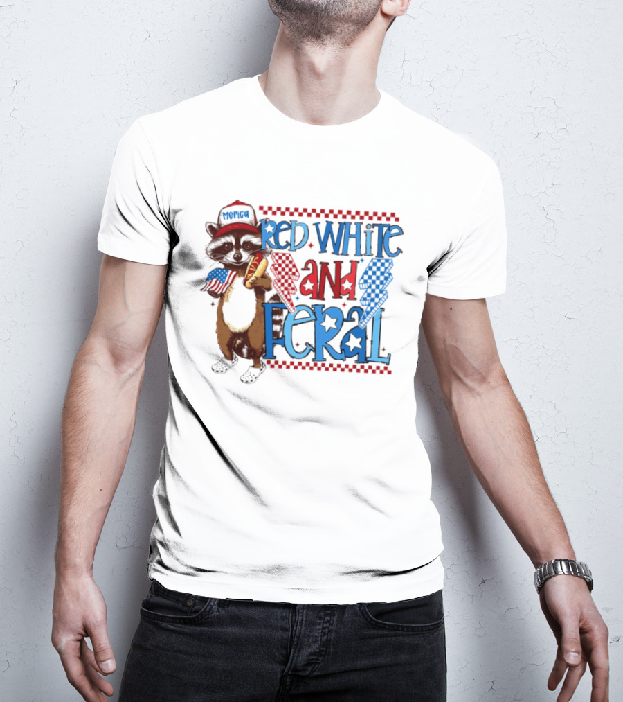 Red White And Feral Raccoon Hot Dog Patriotic 4th Of July Celebration T-Shirt
