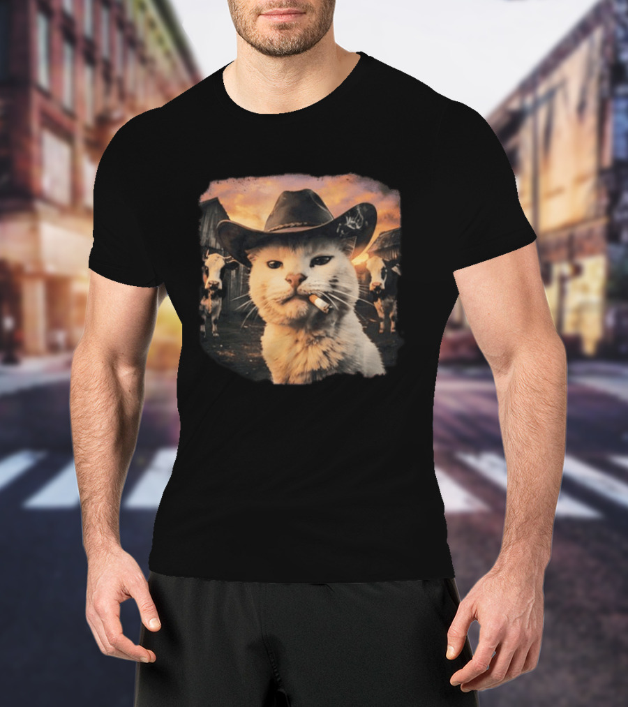 Cowboy Cat Smoking Cigarette In Rustic Barnyard Scene With Cows T-Shirt
