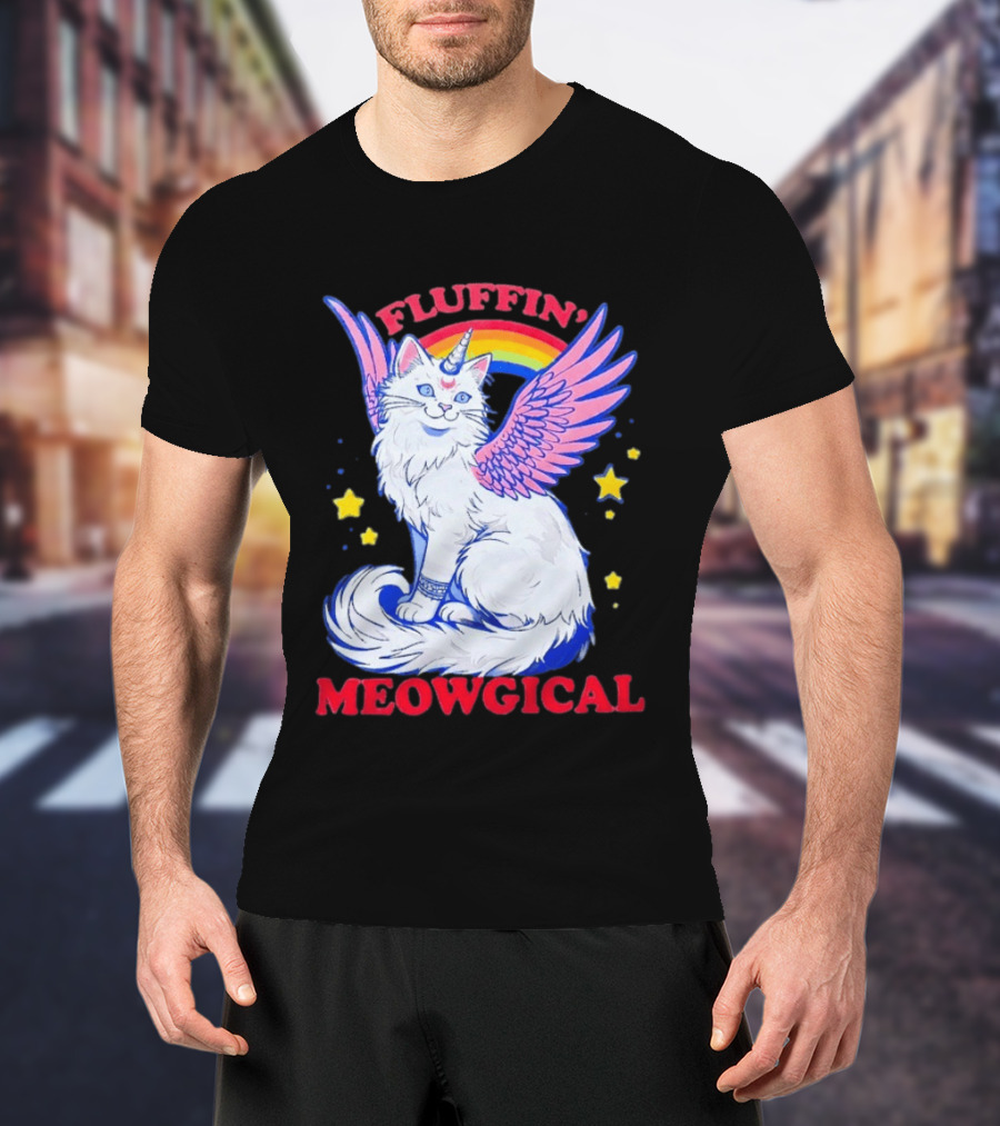 Fluffin' Meowgical Winged Unicorn Cat Rainbow Stars T-Shirt