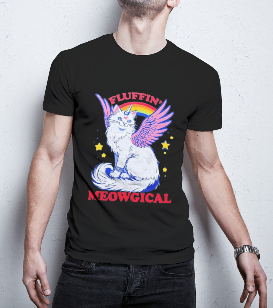 Fluffin' Meowgical Winged Unicorn Cat Rainbow Stars T-Shirt