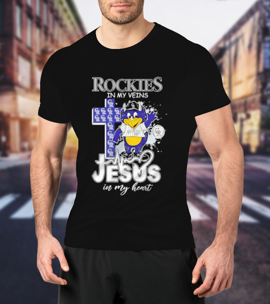 Colorado Rockies Baseball In My Veins Jesus In My Heart Cross Christian Rockies T-Shirt