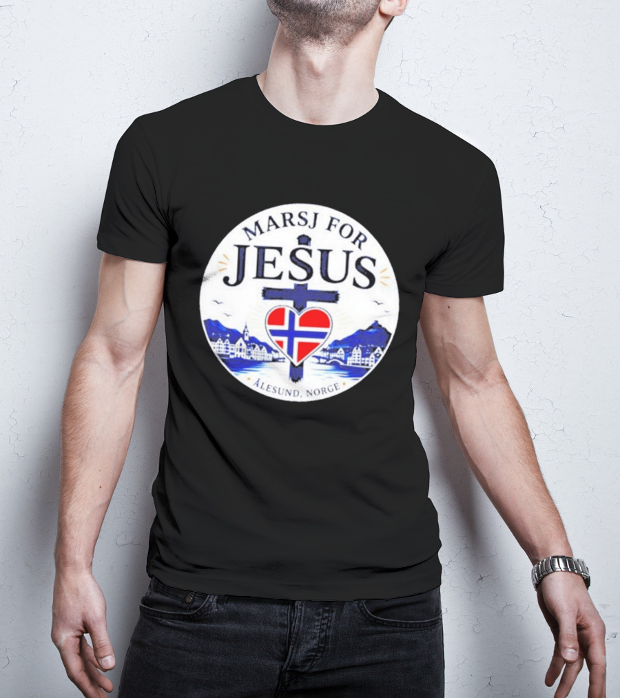 Marsj For Jesus Ålesund Norge Heart And Cross With Norwegian Flag T-Shirt