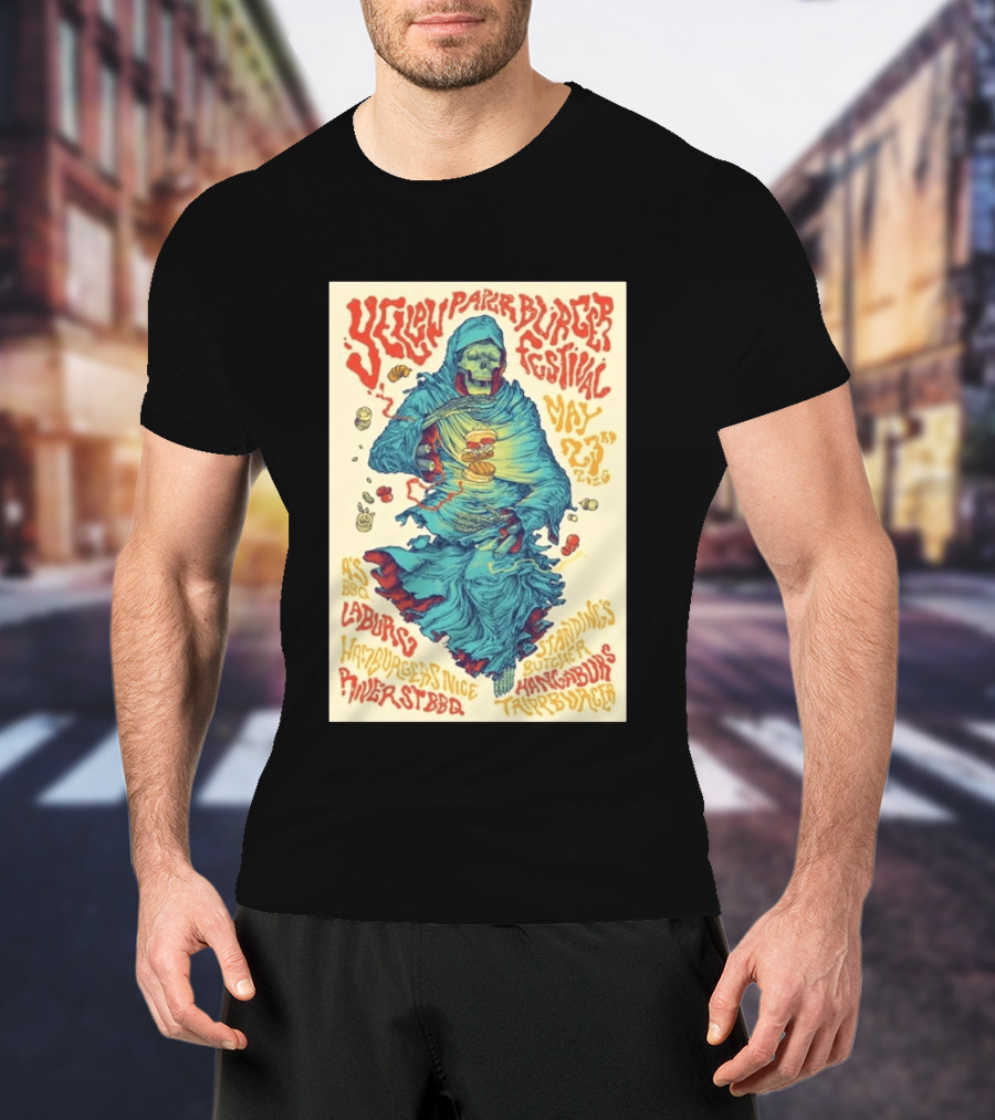Yellow Paper Burger Festival May 23rd 2026 A's BBQ La Burg Standing's Butcher Taylor Burger River St BBQ Hamburgers Nice T-Shirt
