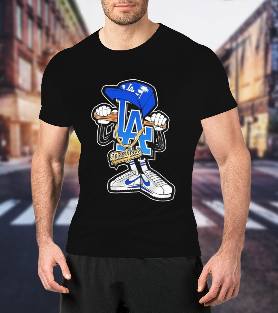 LA Dodgers Palm Trees Gold Chain With Blue Hat And Sneakers T-Shirt
