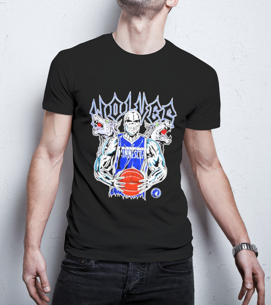 Wolves Minnesota Basketball Skeleton Player With Wolf Heads T-Shirt