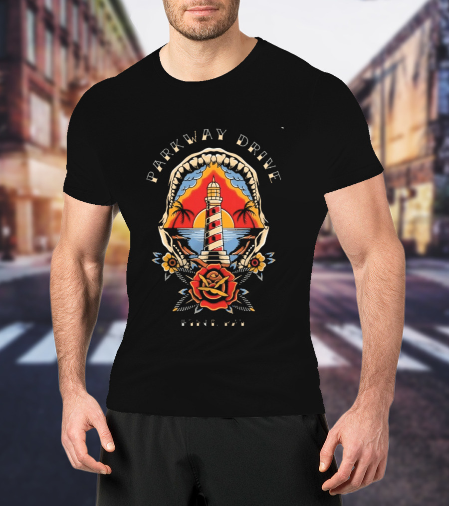 Parkway Drive Welcome To Rockville 2026 The Lighthouse Shark Jaw Rose Ocean Sunset T-Shirt