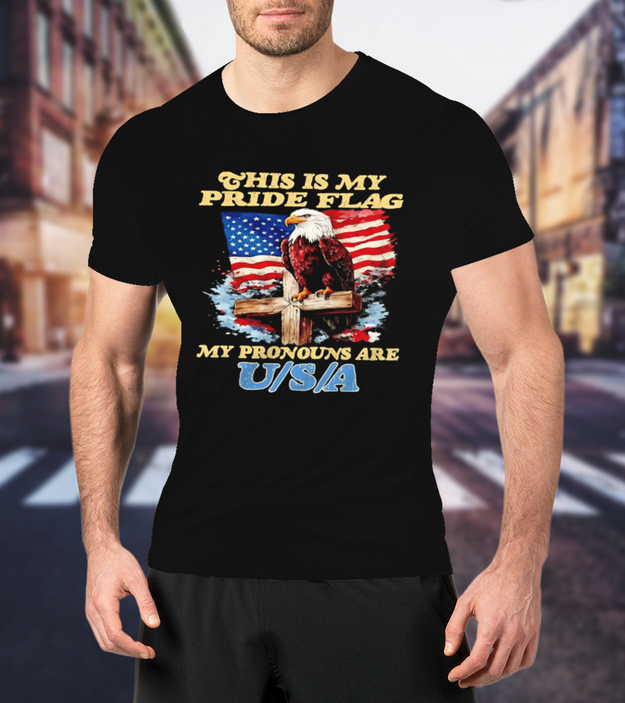 This Is My Pride Flag My Pronouns Are USA Eagle Cross American Flag T-Shirt
