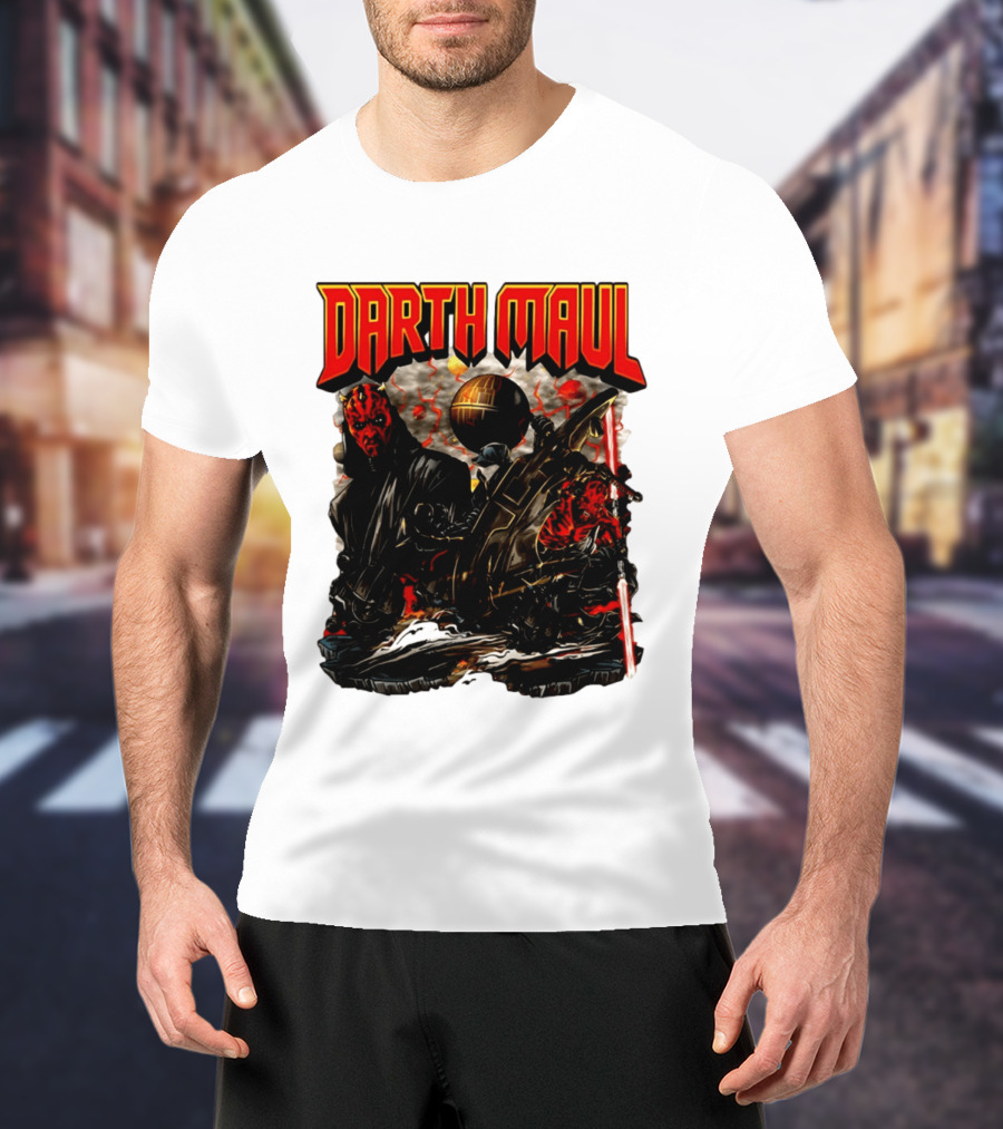 Darth Maul Star Wars Sith Warrior Battle Scene With Lightsaber And The Death Star T-Shirt