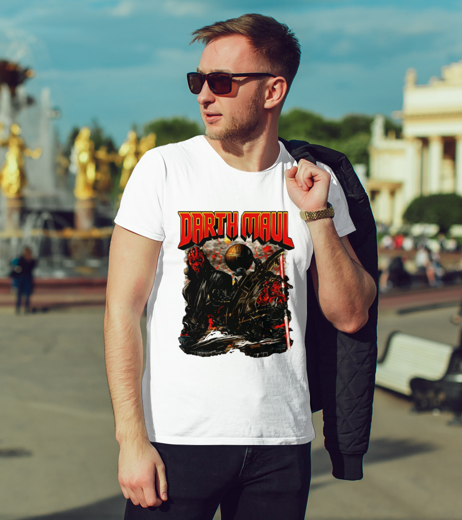 Darth Maul Star Wars Sith Warrior Battle Scene With Lightsaber And The Death Star T-Shirt