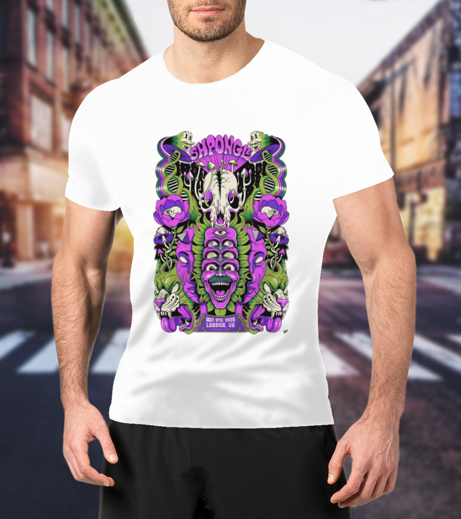 Shpongle May 9th 2026 London UK Psychedelic Imagery Skeletons And Flowers T-Shirt