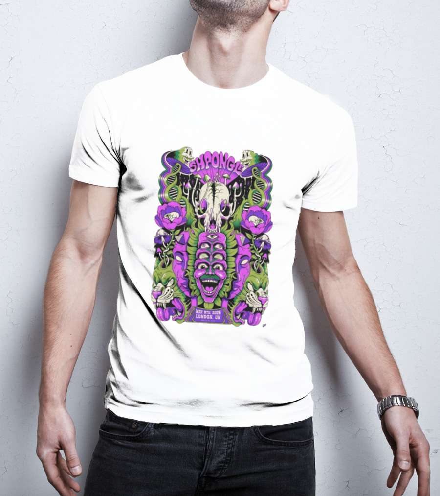 Shpongle May 9th 2026 London UK Psychedelic Imagery Skeletons And Flowers T-Shirt