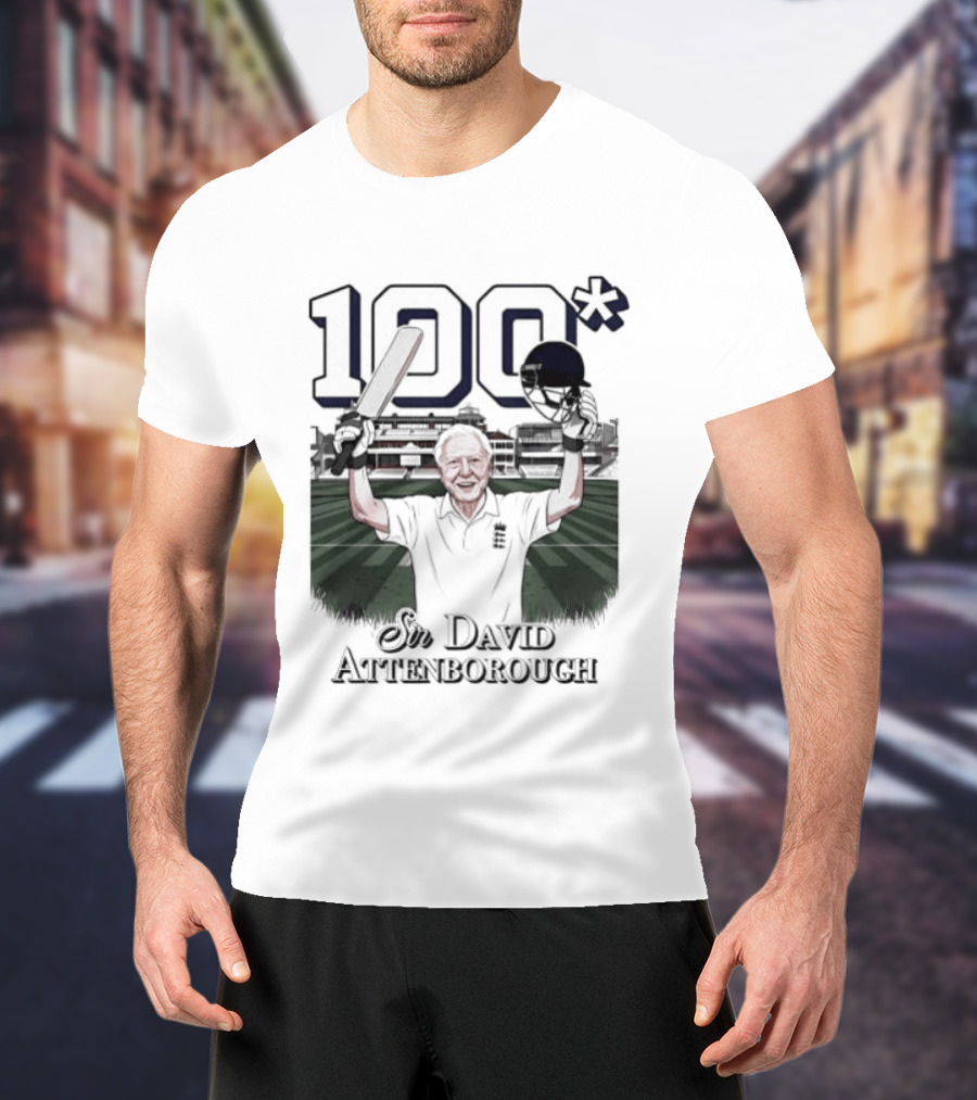 Sir David Attenborough 100 Celebration Cricket Bat And Helmet Raised T-Shirt
