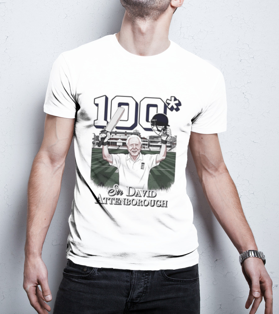 Sir David Attenborough 100 Celebration Cricket Bat And Helmet Raised T-Shirt