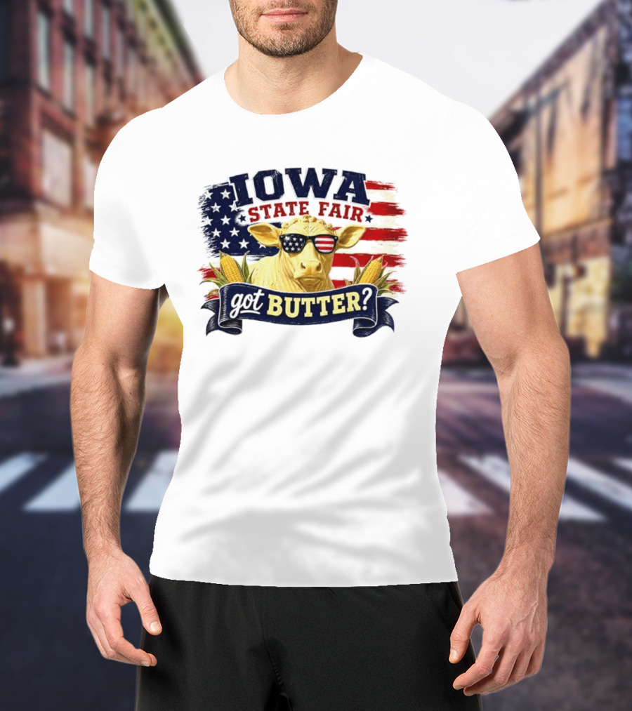 Iowa State Fair Cow Got Butter Corn American Flag T-Shirt