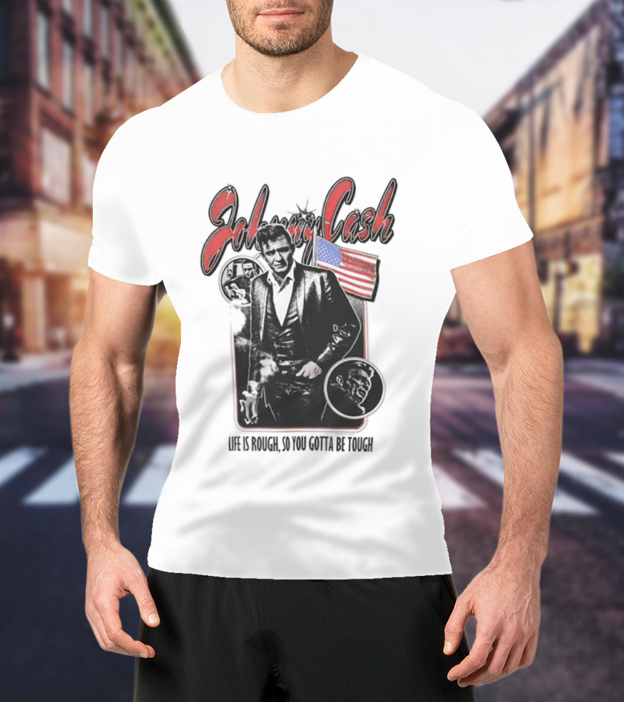 Johnny Cash Life Is Rough So You Gotta Be Tough 1956 Tour USA Flag T-Shirt