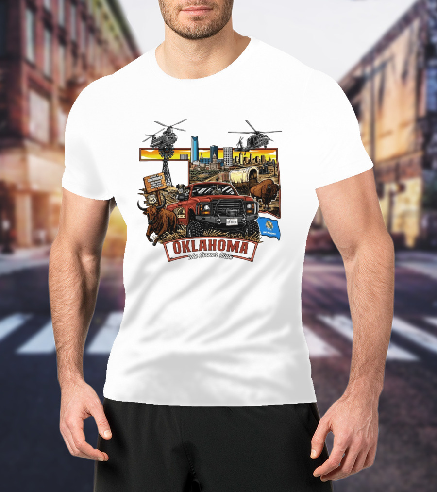 Oklahoma The Sooner State Route 66 Buffalo Cityscape Helicopters T-Shirt