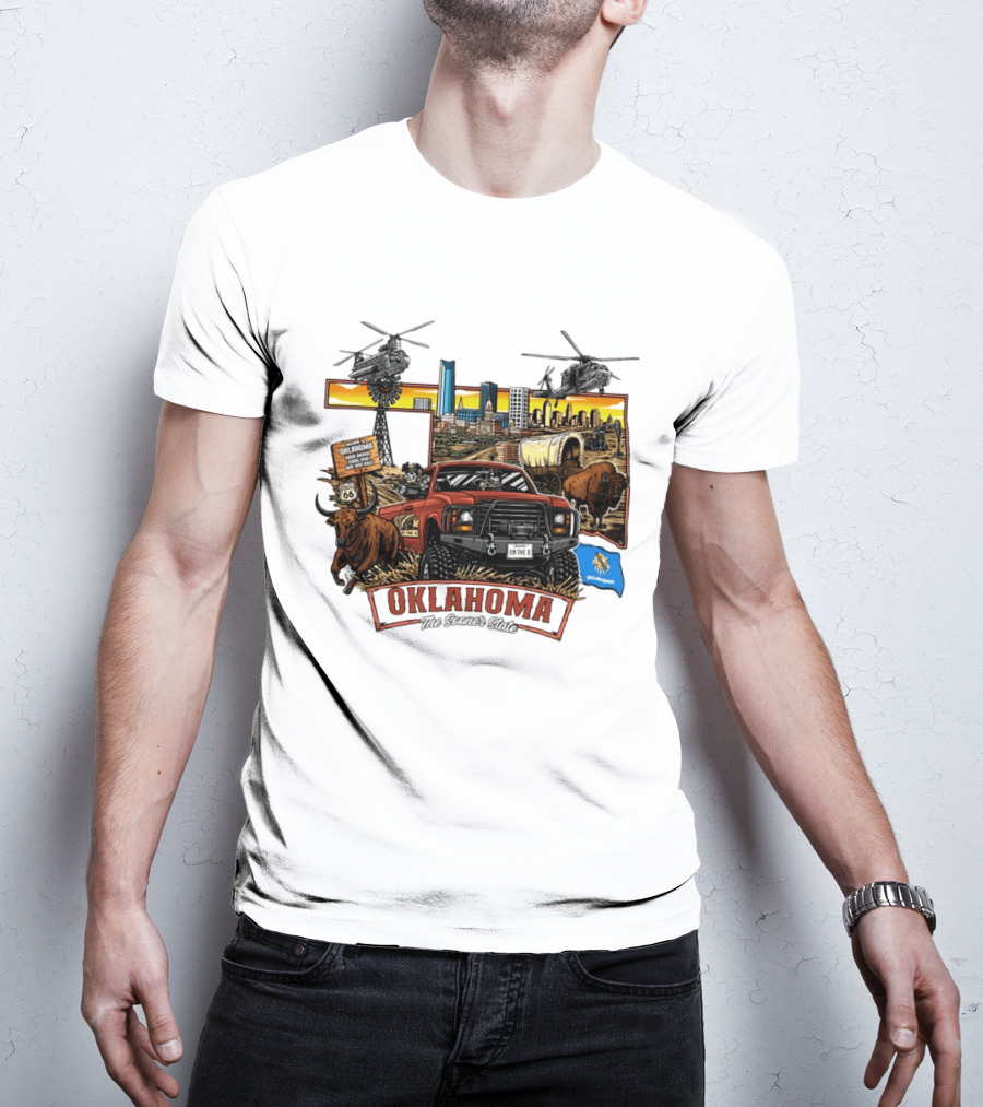 Oklahoma The Sooner State Route 66 Buffalo Cityscape Helicopters T-Shirt