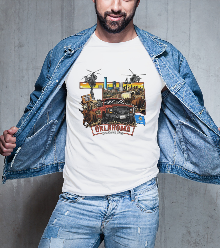 Oklahoma The Sooner State Route 66 Buffalo Cityscape Helicopters T-Shirt