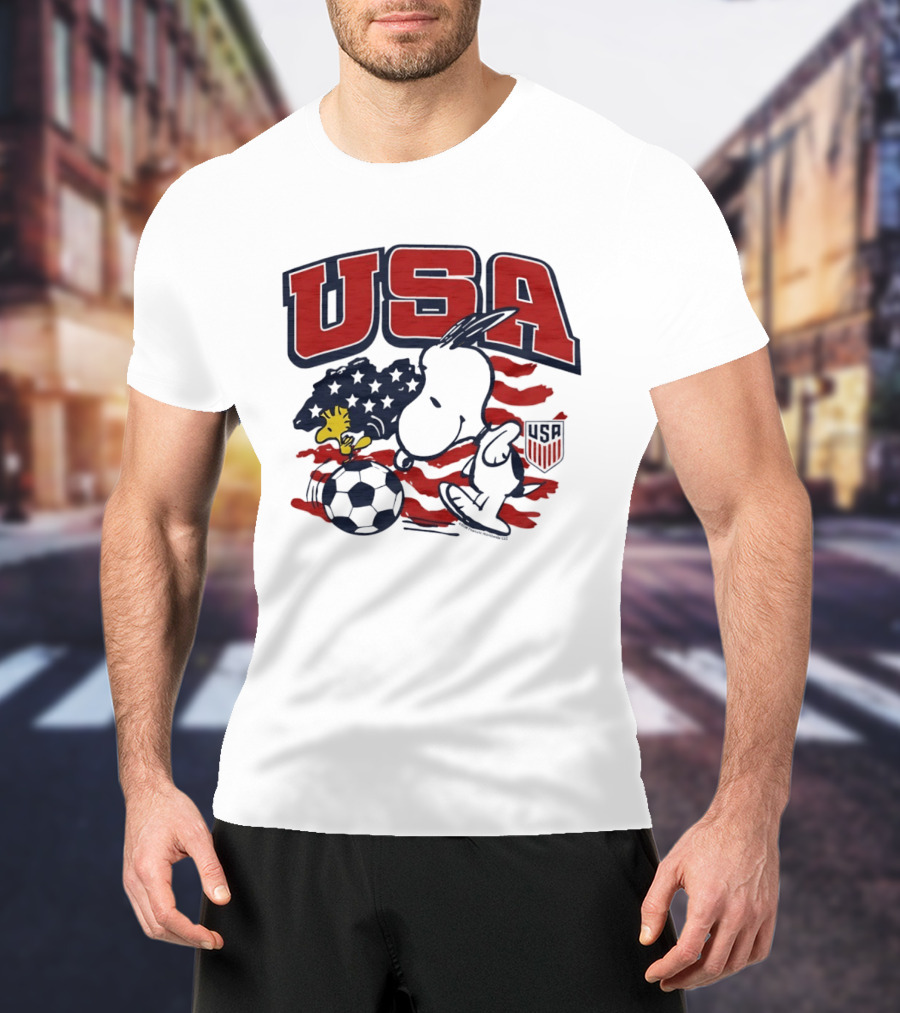USA Soccer Snoopy And Woodstock Peanuts Characters With American Flag T-Shirt