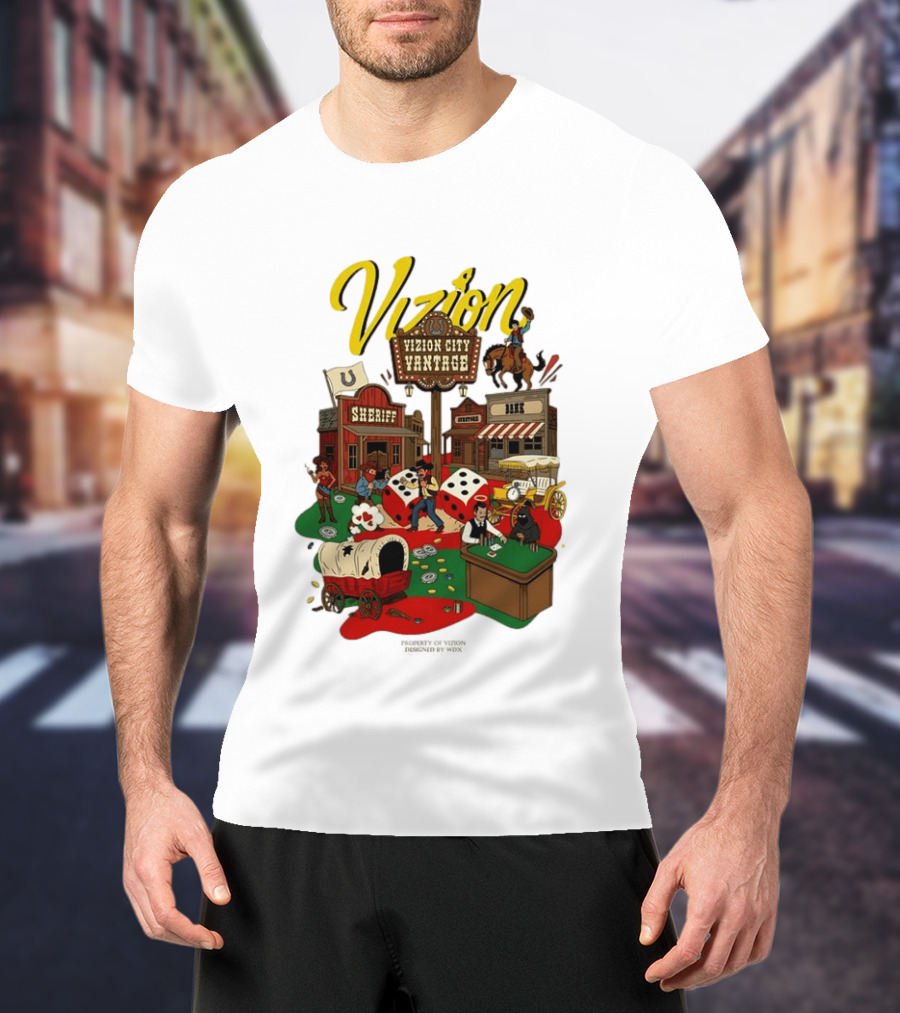 Vizion City Vantage Wild West Cowboy Town Dice Saloon Sheriff Wagon Horse T-Shirt
