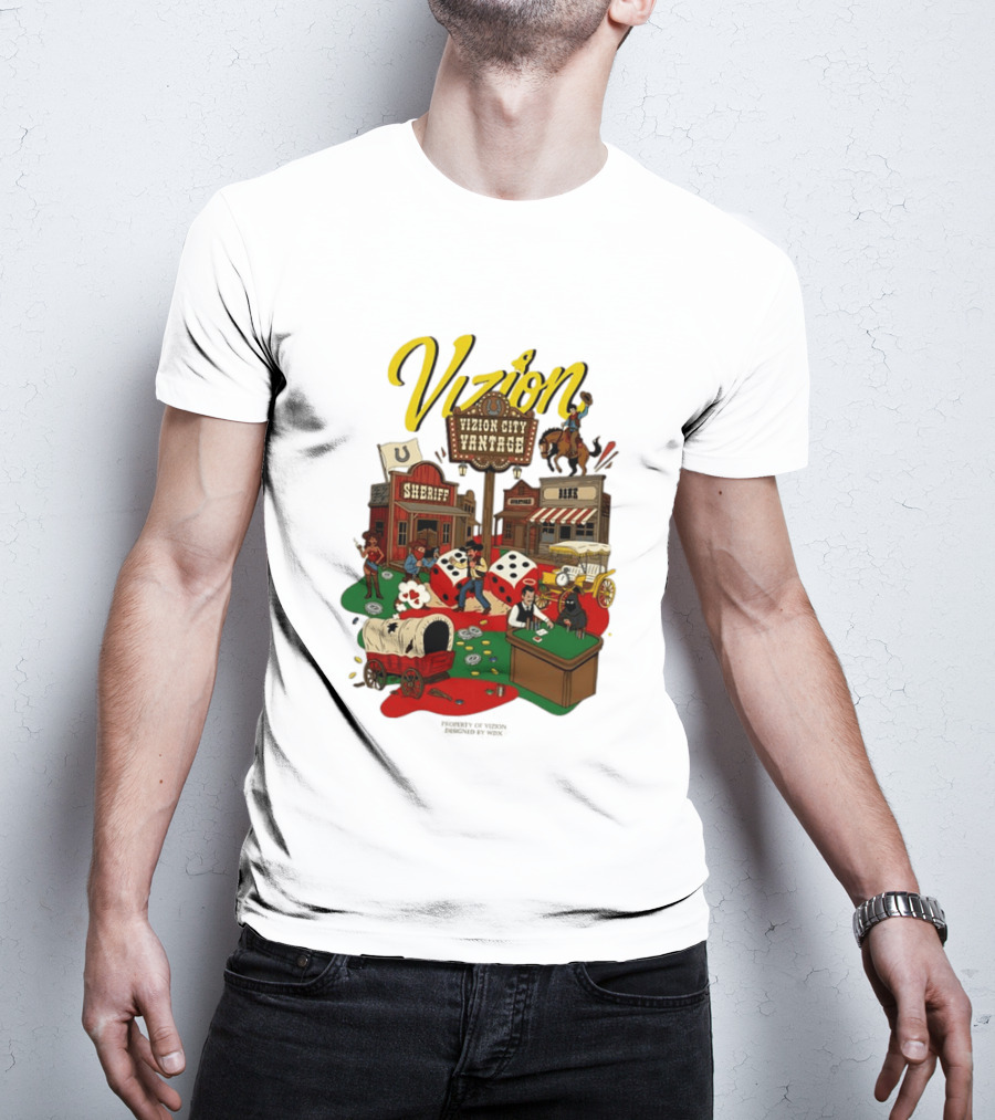 Vizion City Vantage Wild West Cowboy Town Dice Saloon Sheriff Wagon Horse T-Shirt