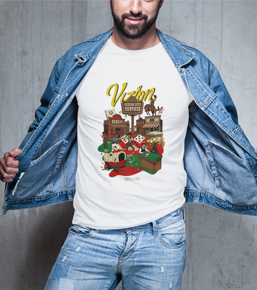 Vizion City Vantage Wild West Cowboy Town Dice Saloon Sheriff Wagon Horse T-Shirt