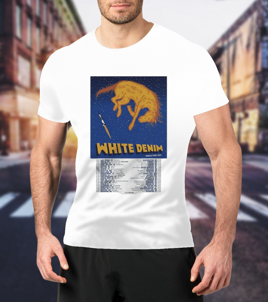 White Denim World Tour 2026 Tour Dates And Cities With Starry Night Horse Scene T-Shirt