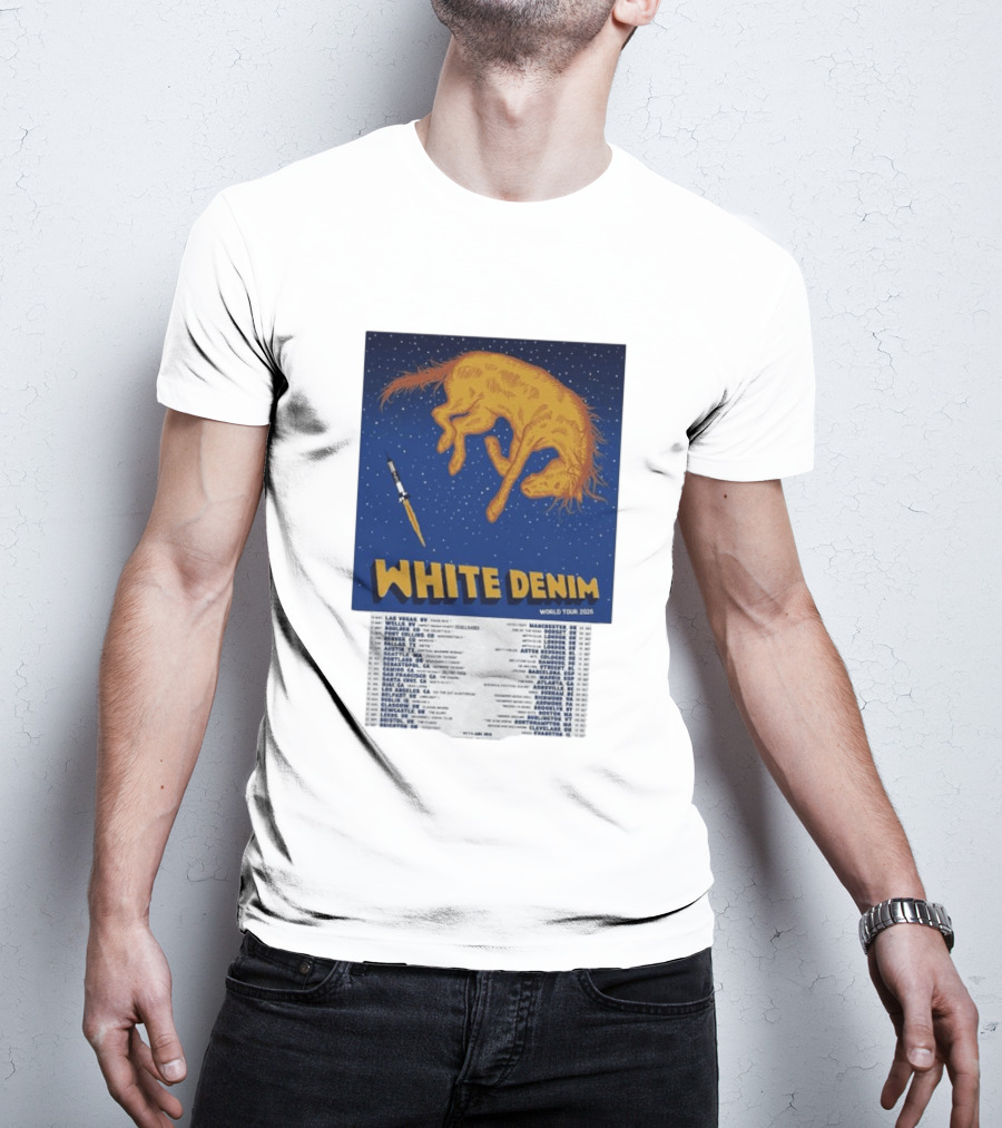 White Denim World Tour 2026 Tour Dates And Cities With Starry Night Horse Scene T-Shirt