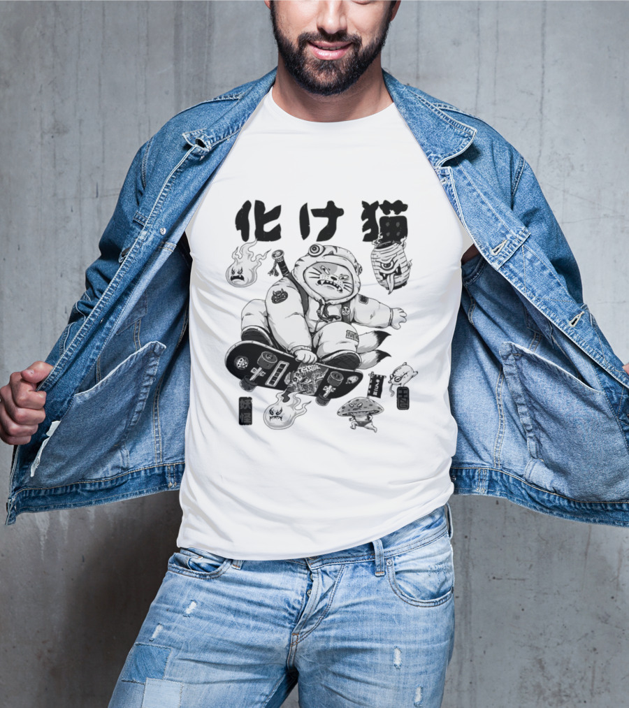 Bakeneko Gang Skateboarding Cat Demon Kanji T-Shirt