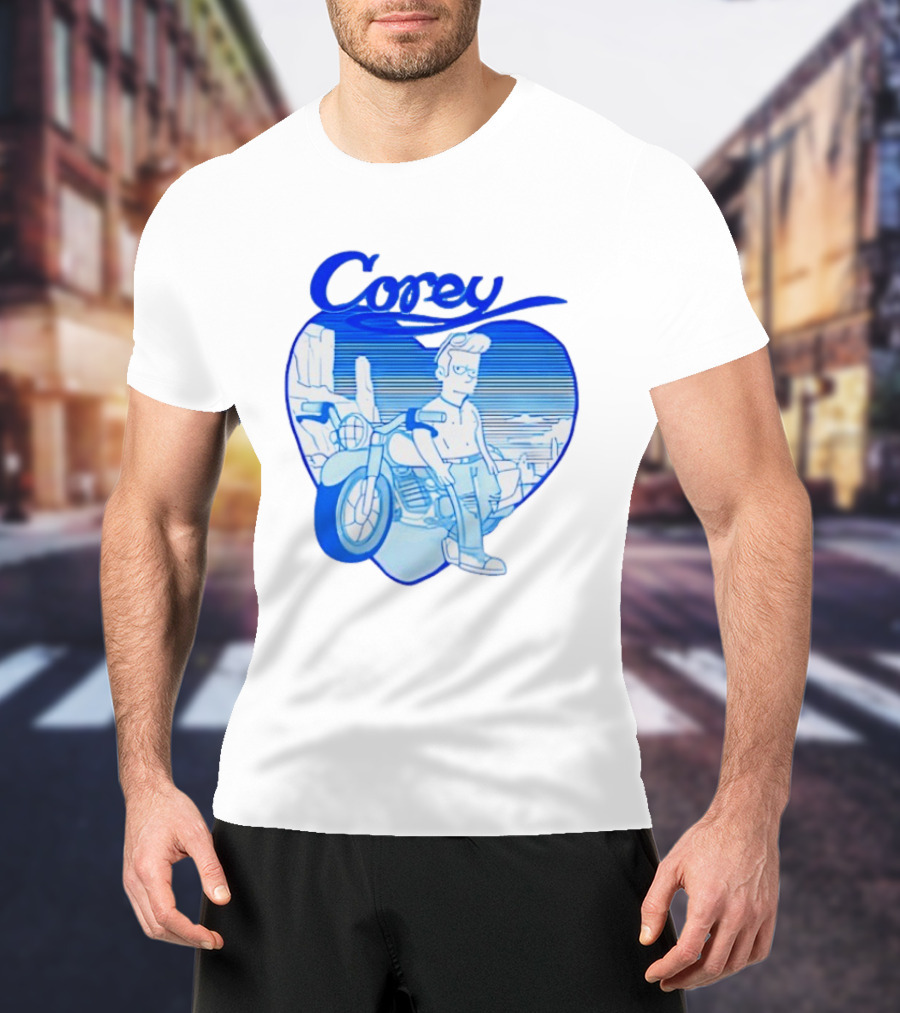 Corey Simpson Motorcycle In Heart Retro Cartoon Style With Blue Desert T-Shirt