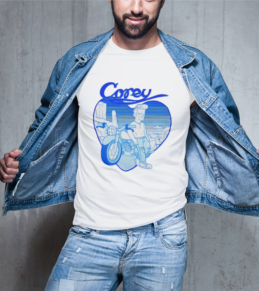 Corey Simpson Motorcycle In Heart Retro Cartoon Style With Blue Desert T-Shirt
