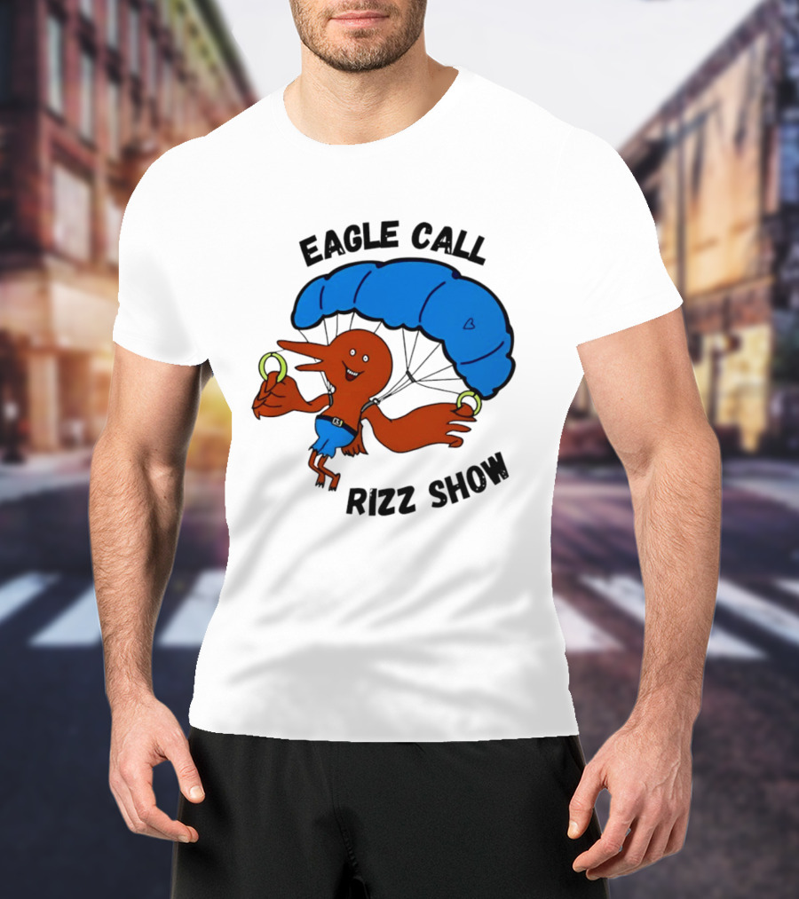 Eagle Call Rizz Show Parachuting Bird Character With Blue Canopy T-Shirt