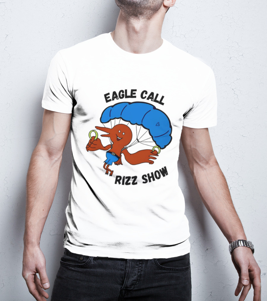 Eagle Call Rizz Show Parachuting Bird Character With Blue Canopy T-Shirt