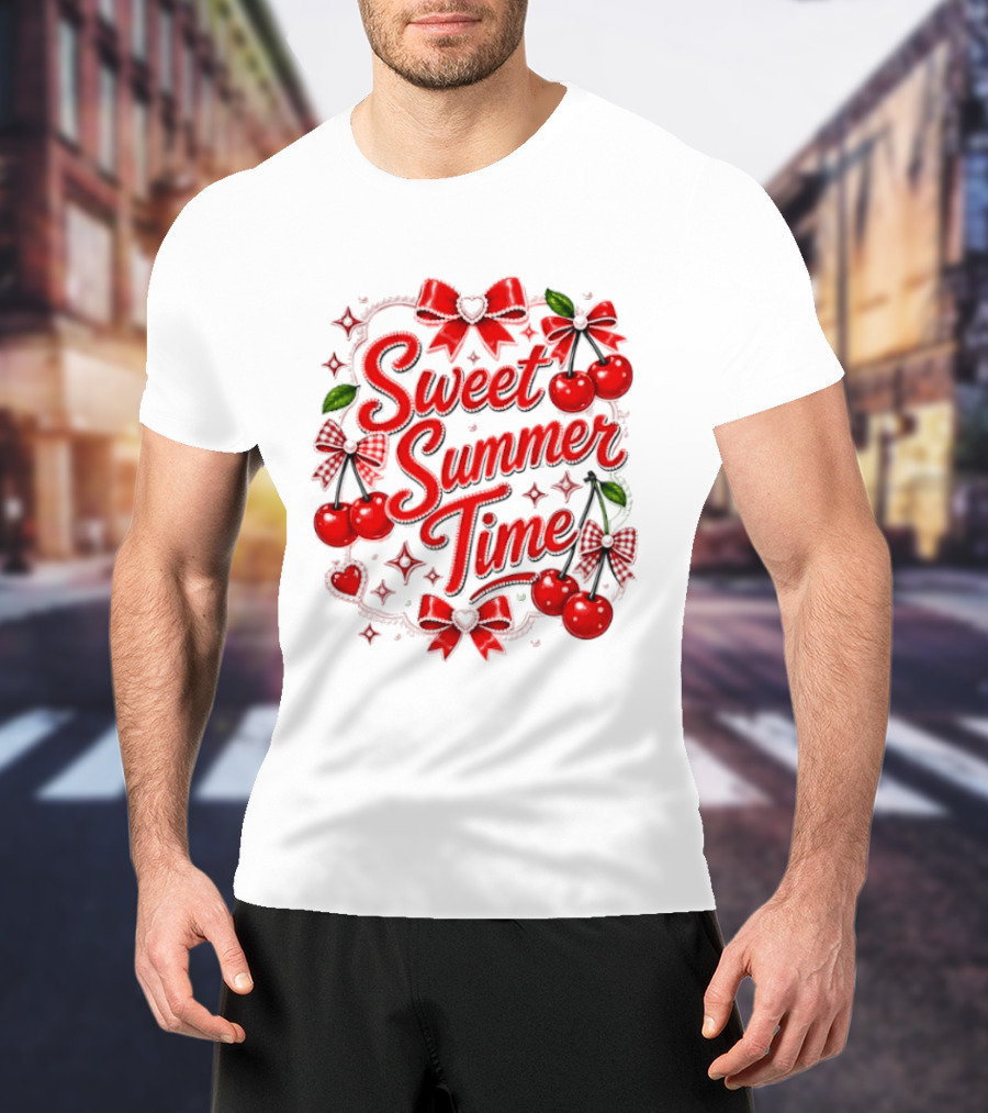 Sweet Summer Time Cherry Pearl Ribbon Hearts Bows T-Shirt