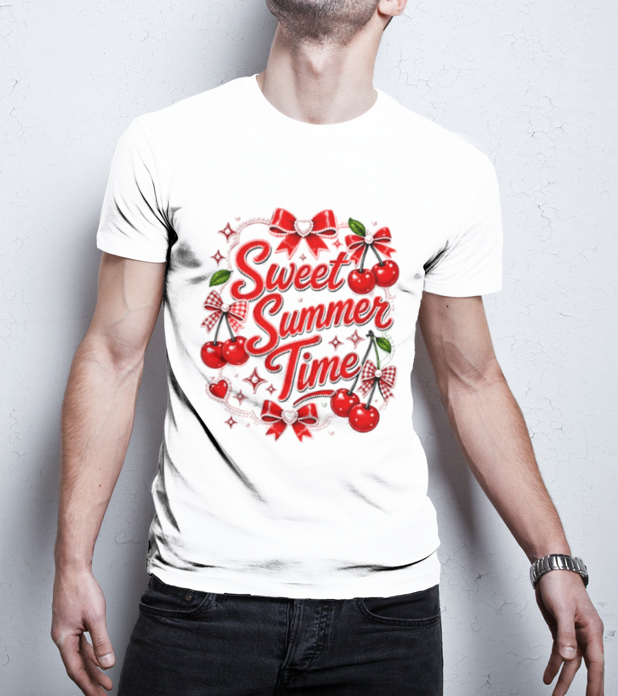 Sweet Summer Time Cherry Pearl Ribbon Hearts Bows T-Shirt