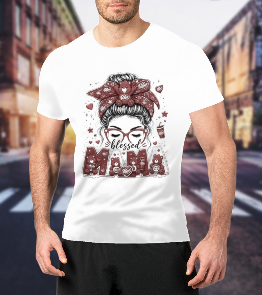 Messy Bun Dr Pepper Blessed Mama Glasses And Bandana T-Shirt
